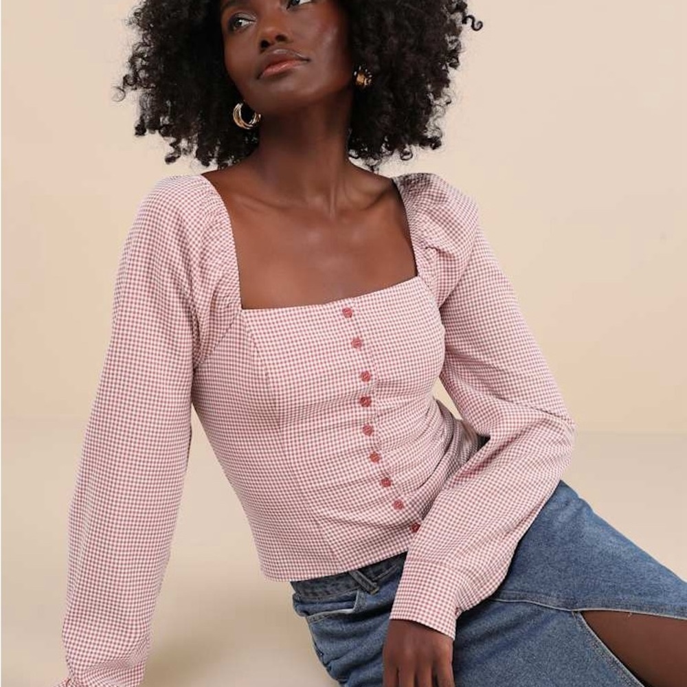 Lulus Demure and Sweet Terracotta Pink Gingham Button-Front Long Sleeve Top XL